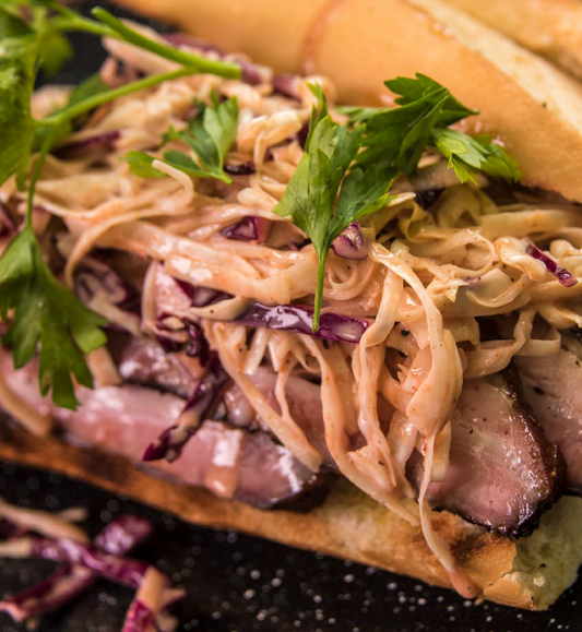 Pork belly sandwich with BBQ sauce